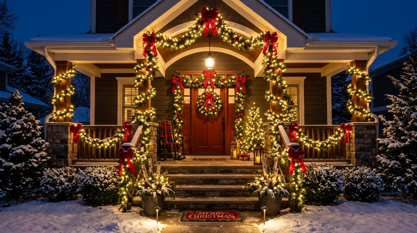 Festive Christmas porch decor creating a welcoming holiday entrance.